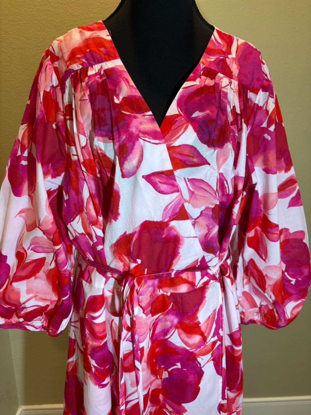 Calvin Klein Floral Puff Sleeve Belted Fit & Flare Dress Size 16 - Picture 4 of 13